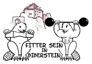 2 Biber aus dem Wappen von Biberstein.
Der eine ist am Essen und der andere ist am Trainieren.
Im Hintergrund die Silhoutte vom Schloss Biberstein.